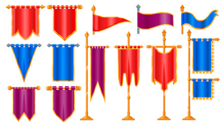 Medieval cartoon flags. Old victorian cloth for UI game design assets, classical flagstaff pennant flagpole icons video gaming concept. Vector isolated setのイラスト素材