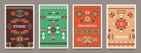 Aztec geometric posters. Ethnic mexican tribe ornament, ancient indian abstract design for card flyer cover print. Vector modern setのイラスト素材