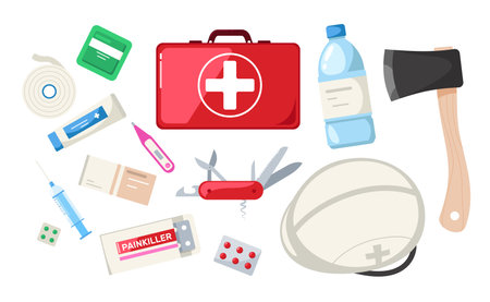 Emergency kit. Cartoon survival evacuation equipment with medical pills flashlight helmet bottle, preparedness first aid tools. Vector isolated collectionのイラスト素材