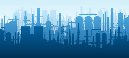 Panoramic industrial silhouette. Oil industry factory buildings, refinery complex with pipes and tanks landscape background. Vector illustrationのイラスト素材