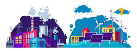 Green energy vs pollution. Solar renewable power electricity generation and fossil thermal coal nuclear production, industrial concept. Vector illustrationのイラスト素材