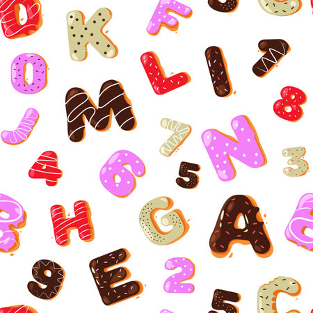 Donut type pattern. Seamless print of colorful biscuit cake alphabet, cute doughnut typeface letters and numbers repeated background. Vector textureのイラスト素材