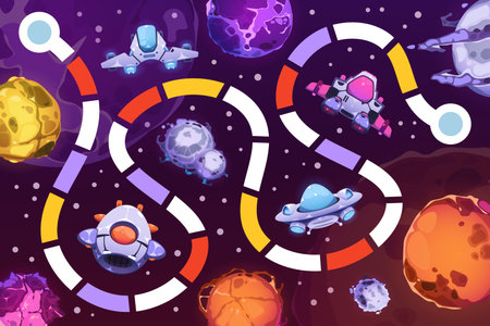 Space board game. Child fantasy universe riddle labyrinth puzzle, tabletop boardgame with spaceship meteor crater kid entertainment. Vector illustrationのイラスト素材