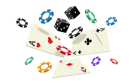 Falling cards and chips. Playing casino accessories for poker, floating red and black coins, money winning gambling game concept. Vector illustrationのイラスト素材