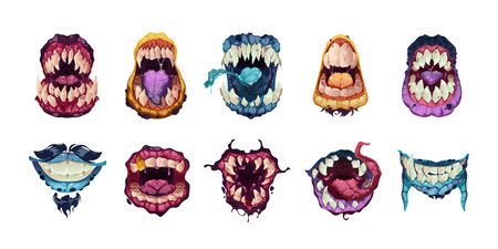Scary mouth. Cartoon monster face emotions, creative alien characters funny emotional monstrous avatars open mouths. Vector isolated setのイラスト素材