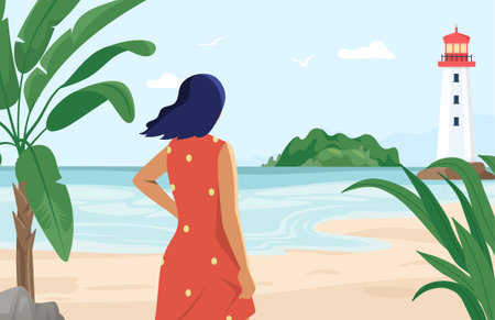 Person enjoying nature concept. Woman looking at lighthouse and thinking. Beautiful summer landscapeのイラスト素材