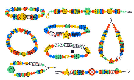Doodle beads. Cartoon colorful child bracelet elements, old school kid handmade accessories flat design crafting activity concept. Vector isolated setのイラスト素材