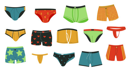 Mens underpants. Cartoon doodle male underwear clothing swimwear shorts, colorful fashion briefs trunks knickers casual underclothes. Vector setのイラスト素材
