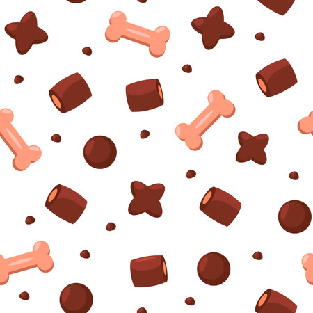 Dry pet food pattern. Seamless print of dog meal cartoon flat style, snacks for domestic and street animals colorful background. Vector textureのイラスト素材