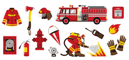 Fire truck with equipment. Firefighter characters with red rescue transport extinguisher hydrant...