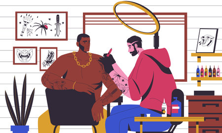Tattoo salon. Modern studio interior with professional devices and tattooist at work, ink artist with tattooed client cartoon flat style. Vector isolated setのイラスト素材