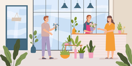 Flower store. Florist making bouquet for female client. Cheerful male customer buying plants. Woman standing at counterのイラスト素材