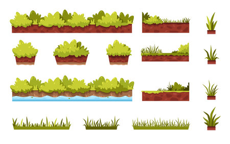Cartoon grass. Game asset of green bush lawn border floral environment, comic hedge leaves herb elements for ui gaming design. Vector isolated setのイラスト素材