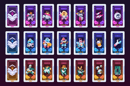 Card game characters. Cartoon deck with fantasy warrior animals, UI decorative frame with funny mascots for RPG sprite game asset. Vector colorful setのイラスト素材