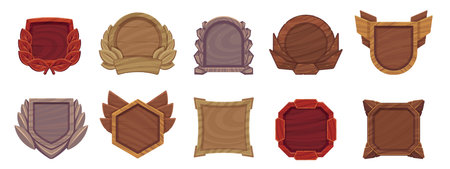 Wooden game level frame. Medieval wood avatar border, rating badges achievement menu panel, cartoon bordering decor for rpg. Vector isolated setのイラスト素材