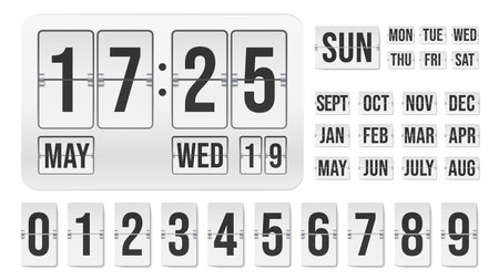 Flip clock. Countdown mechanical timer with hour date month indicators, analog time board display with number counter. Vector illustrationのイラスト素材