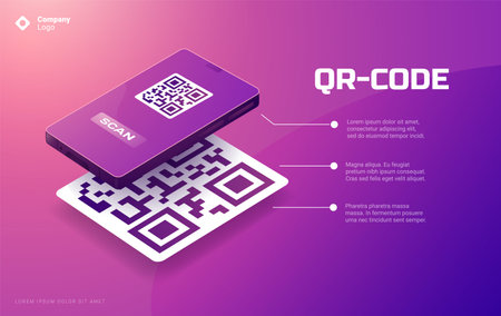 QR code on phone. Scan me coding for mobile app payment, isometric smartphone mock up with identification barcode scanning concept. Vector bannerのイラスト素材