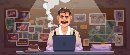 Detective with clue board. Cartoon police agent character with crime investigation plan, officer near cork pinboard with notes and evidence. Vector illustrationのイラスト素材