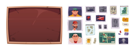 Detective board elements. Police wall pinboard with picture of suspect and evidence, criminal investigation plan with notes. Vector cartoon setのイラスト素材