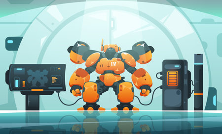 Android cyberpunk scene. Futuristic cyborg and robots, cyber electronic characters in virtual punk city, future bionic engineering concept. Vector illustrationのイラスト素材