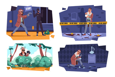 Detective scenes. Cartoon investigator character looking for homicide evidence, police officer seek and spy, crime investigation concept. Vector flat setのイラスト素材