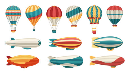 Cartoon airship. Dirigible hot air balloon transport with cabin and basket, old aerial transportation, colorful aircraft aviation technology icons. Vector setのイラスト素材