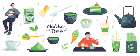 People with matcha. Cartoon characters with green tea, using matcha powder for desserts, traditional asian organic leaves for healthy sweets. Vector setのイラスト素材