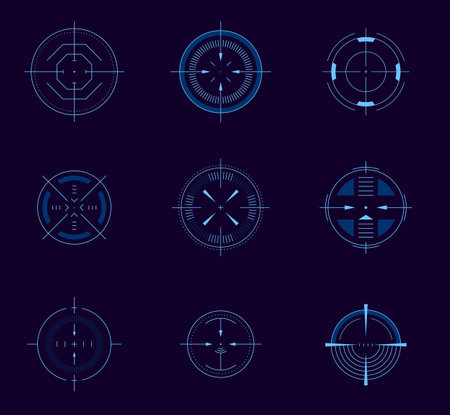 Futuristic aim pointer. Circle HUD user interface element, weapon collimator round aim, digital focus UI game asset. Vector accuracy symbols isolatedのイラスト素材