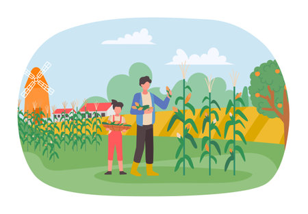 Harvest season. Farmers on plantation collecting cornのイラスト素材