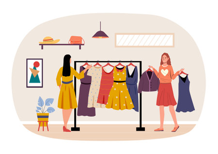 Shopping and buying concept, girl choose clothesのイラスト素材