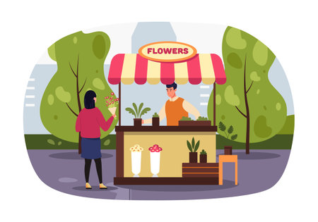 Woman buying flowers in street retail kioskのイラスト素材