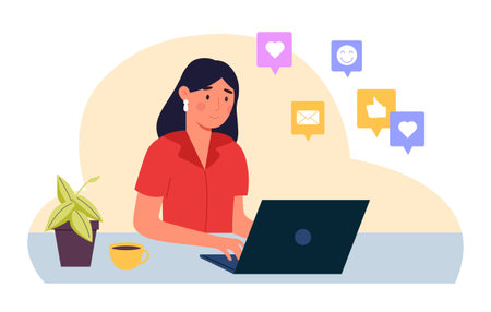 Woman communicating in social media network in laptopのイラスト素材