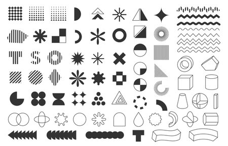 Retro geometric shapes. Abstract minimal lines and circles for modern design, stripe mosaic and ornamental pattern template. Vector setのイラスト素材