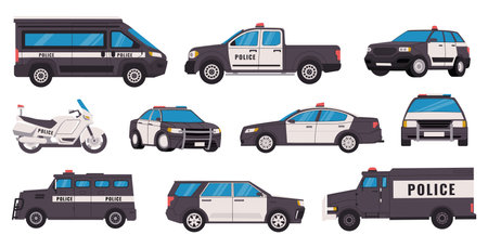 Police vehicles. Security car with siren, policeman van suv truck transport for protection and rescue, urgency patrol machine icons. Vector flat setのイラスト素材