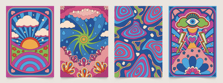 Retro psychedelic posters. Abstract 1970s hippie collage banner, colorful 70s banners with floral...