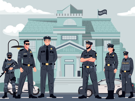 Police station. City department exterior with patrol cars and policeman officers, investigation bureau with cops flat cartoon style. Vector illustrationのイラスト素材