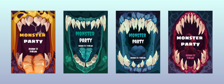 Creepy mouth posters. Cute scary monster lips teeth, colorful comic alien characters emotion for...