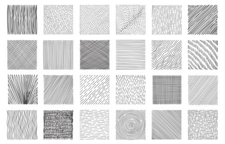 Hatching squares. Doodle geometric frame with crosshatch scratches, messy monochrome scratch drawing technic, paper draft artistic design. Vector isolated setのイラスト素材