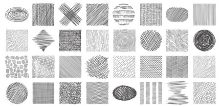 Scribble hatch textures. Dirty lines and scratches of various shapes, creative abstract strokes and hatching effect. Vector doodle strokes and scribbles isolated setのイラスト素材