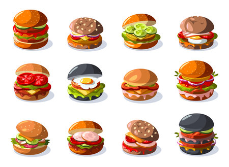 Burger collection. Cartoon raw beef sliced sandwich with lettuce tomato cheese, fast food meal with sauce. Vector burger with different ingredientsのイラスト素材