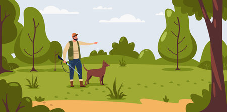 Hunting illustration. Cartoon hunter holding gun and aiming at target with weapon and equipment, nature recreational activity flat style. Vector illustrationのイラスト素材