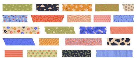 Washi tape. Japanese paper tape with decorative pattern, cute japanese stickers for scrapbook, decoration and masking. Vector setのイラスト素材