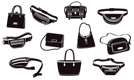Handbag silhouettes. Luxury black purse and accessories, fashion handbag set for money, wallet and phone. Vector fashion bag collectionのイラスト素材