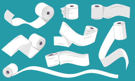 Unwound toilet paper. Tissue roll with ribbons, unrolled hand towel and paper napkin, flying bathroom paper napkin hygiene concept. Vector setのイラスト素材