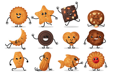 Cartoon cracker characters. Cute cookies with expressions, funny faces of sweet snack food with emotions and gestures. Vector setのイラスト素材