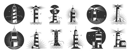 Black lighthouse labels. Symbol lighthouse silhouettes for navigation, sea and beach tourism label, lighthouse abstract symbols. Vector isolated setのイラスト素材