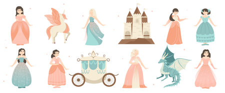 Cute fairy princess. Cartoon little girls in princess dress with medieval castle and dragon, fantasy characters with different emotions. Vector isolated setのイラスト素材