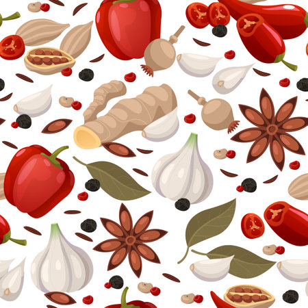 Spices pattern. Seamless print with indian herbal tea ingredients, cartoon clove cardamon ginger cinnamon leaves. Vector textureのイラスト素材