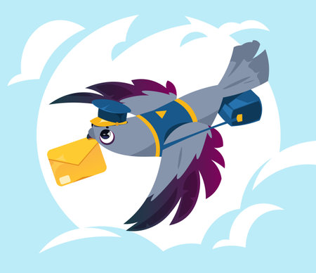 Mail pigeon concept. Cartoon birds with envelopes, fast delivery service, messenger carrier animals with wings and beak. Vector flat setのイラスト素材