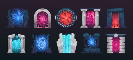 Cartoon game portal. Magic vortex tunnel archway frame, fantasy fairy entrance and exit way, fantasy adventure game asset. Vector isolated setのイラスト素材